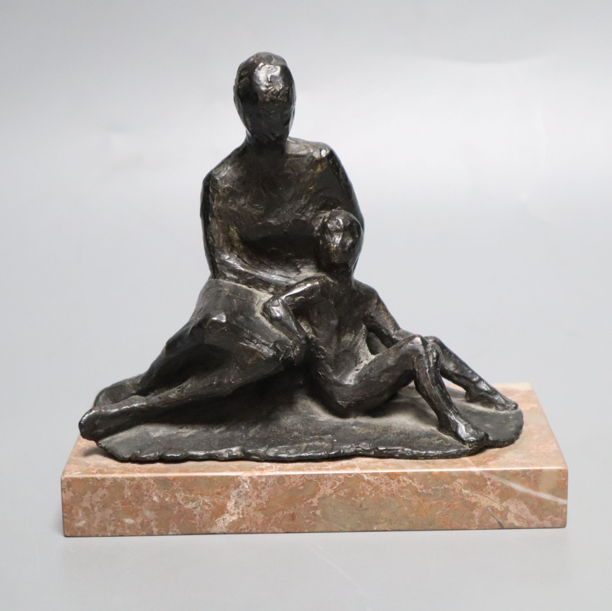 Manner of Alfred Bertram Pegrain (1873-1941), bronze group of a mother and child on marble base, height 13cm